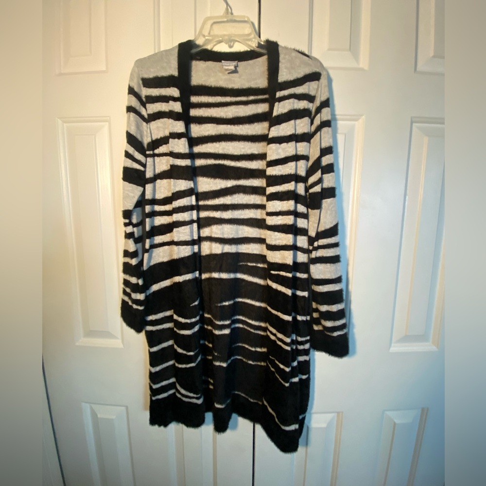 Chico's Black and Gray Striped Open-Front Cardigan
